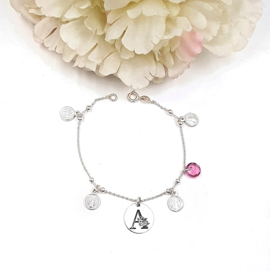 Pulsera San Benito cristal con inicial floral personalizada plata 925